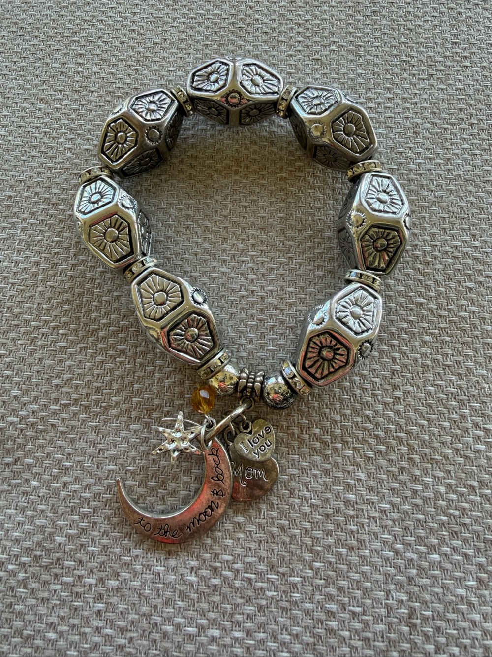 Multi Charm Beaded Bracelet Silver Beads Pave Crystal Spacers Mom Themed Charms